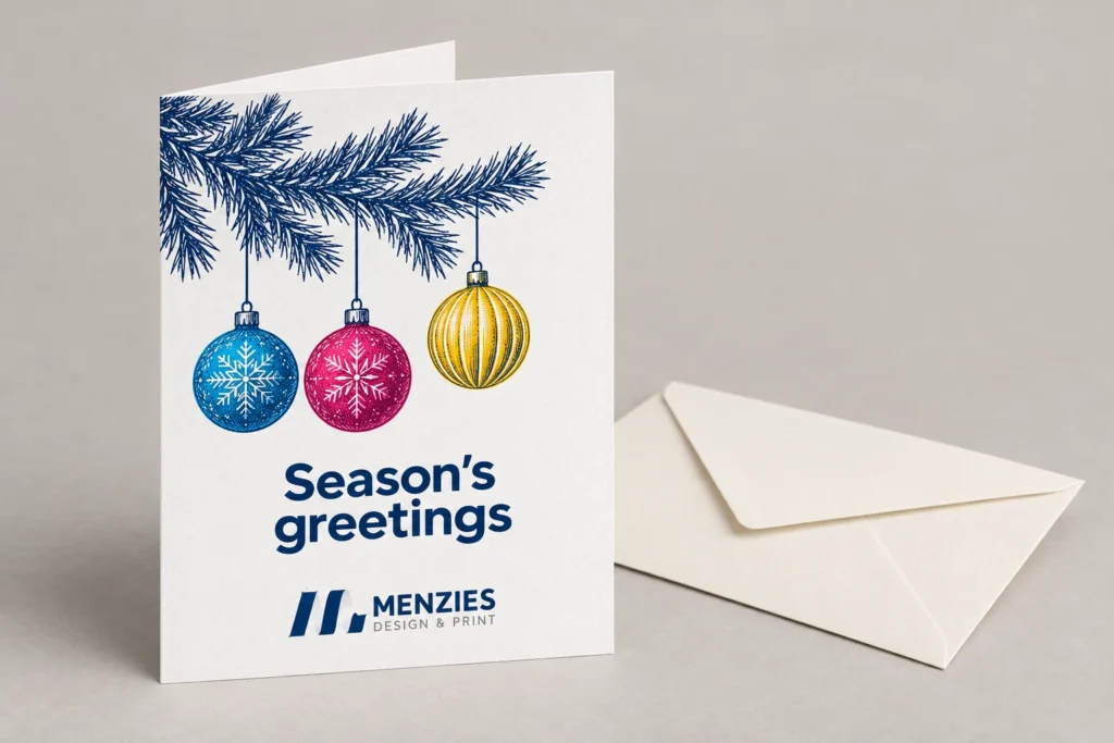 Illustrative seasonal Menzies greetings card with a matching cream envelope.