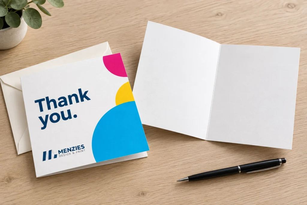 Illustrative branded thank-you card cover beside an open blank copy.