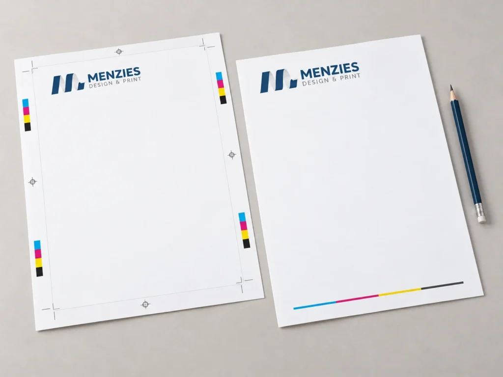Illustrative letterhead artwork proof beside the matching finished stationery.