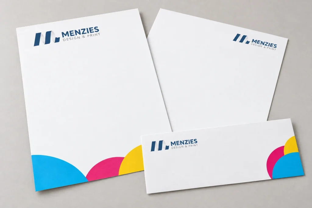 Illustrative Menzies letterhead, continuation sheet and branded envelope.