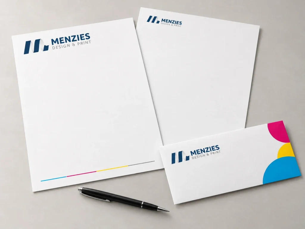 Illustrative Menzies letterhead and matching continuation sheet with an envelope.