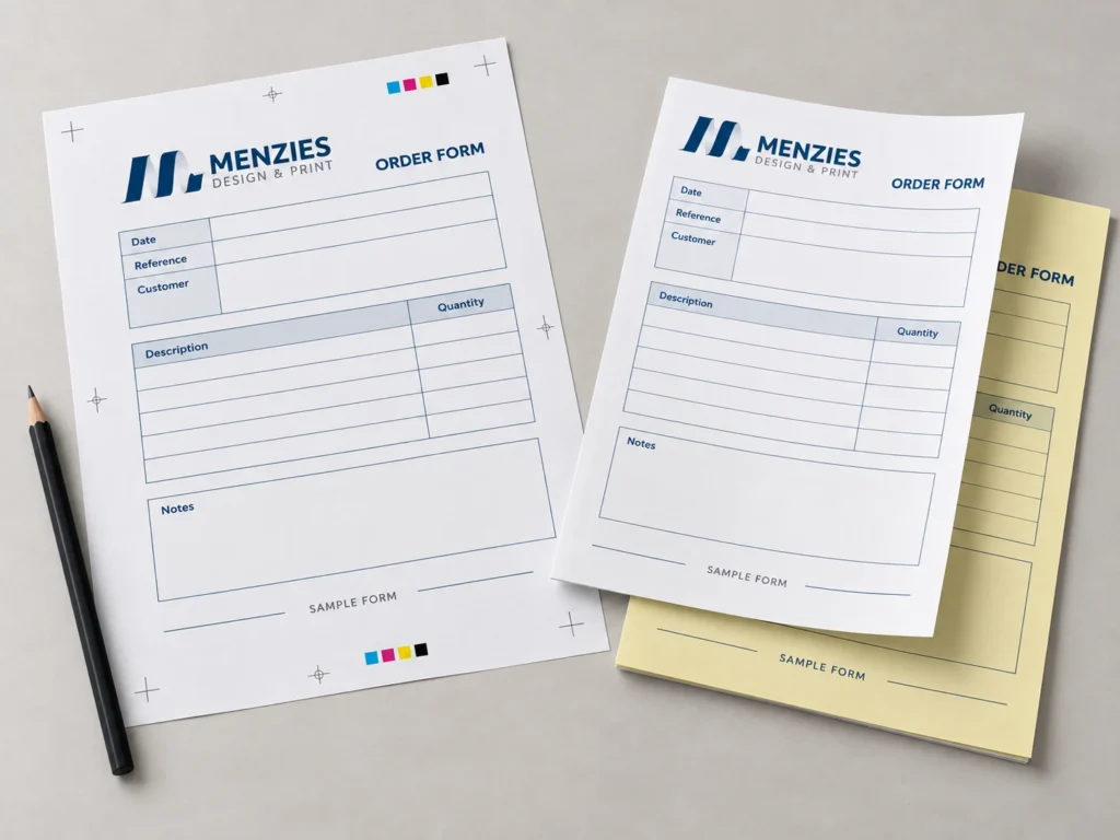 Illustrative blank NCR form artwork proof beside a matching finished carbonless set.
