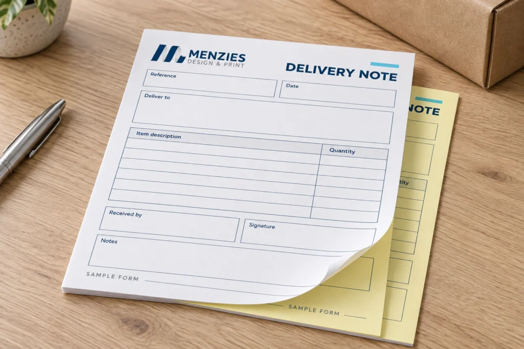 Illustrative blank branded delivery note with its yellow duplicate on a packing desk.