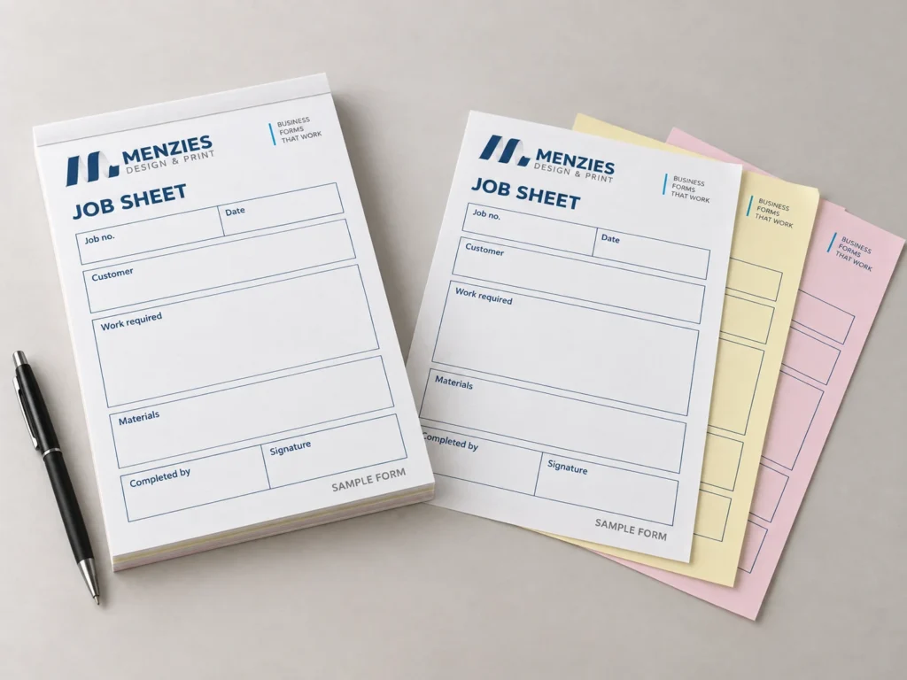 Illustrative branded NCR forms with white originals and yellow and pink copy sheets.