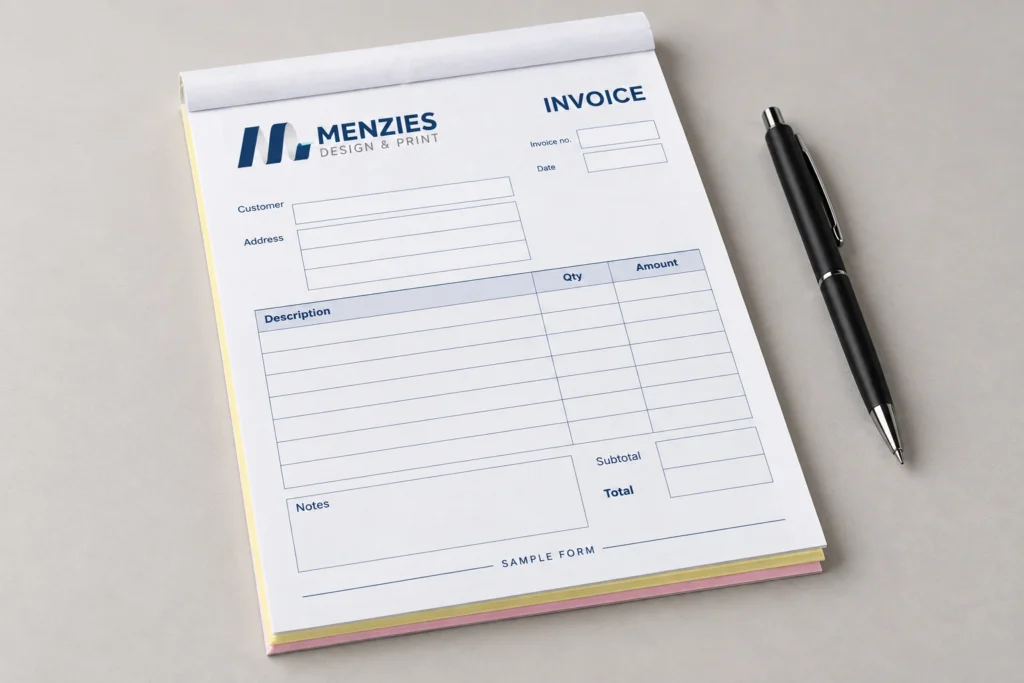 Illustrative blank Menzies NCR invoice pad with a yellow copy sheet visible.