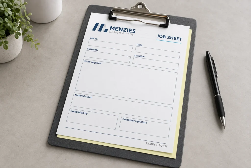 Illustrative blank job sheet on a clipboard with a yellow duplicate visible.