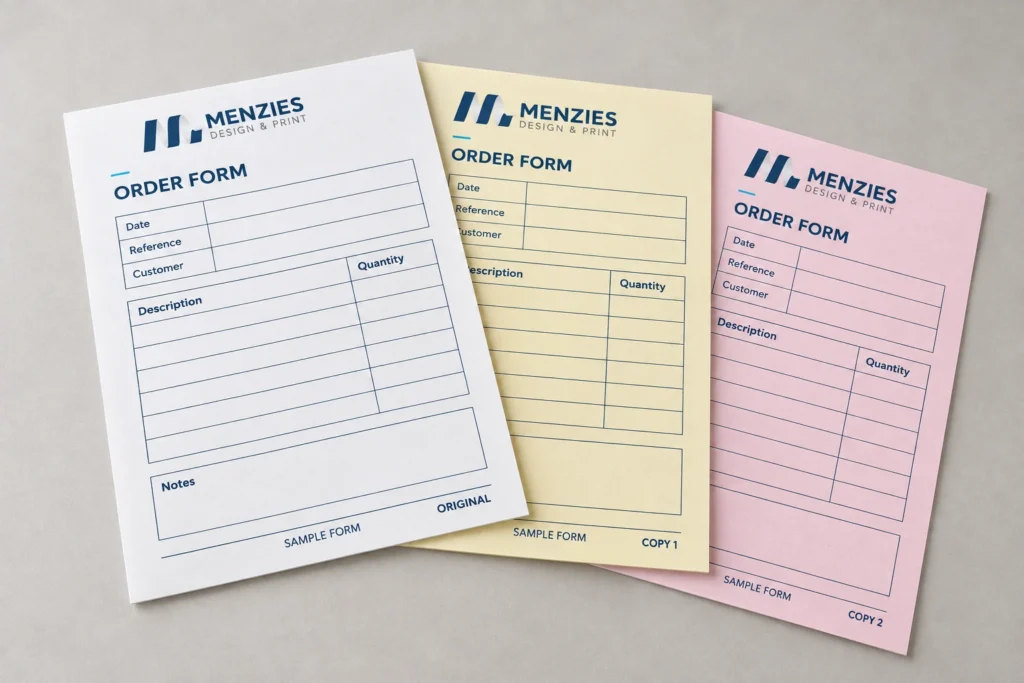 Illustrative three-part NCR set fanned to show white, yellow and pink sheets.