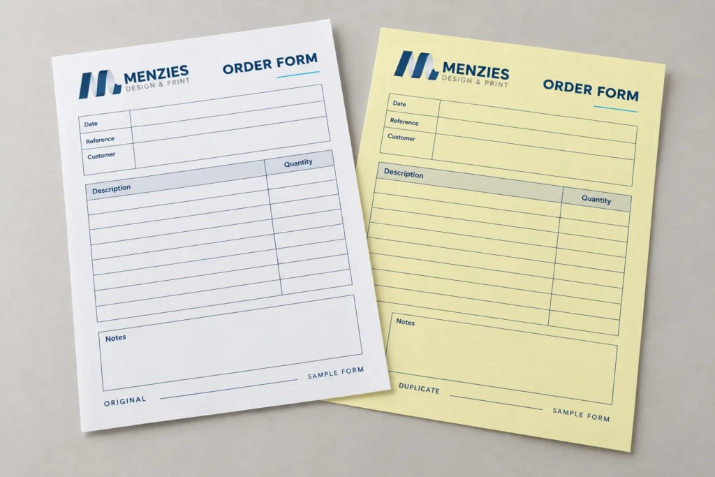 Illustrative two-part NCR set with one white original and one yellow duplicate.