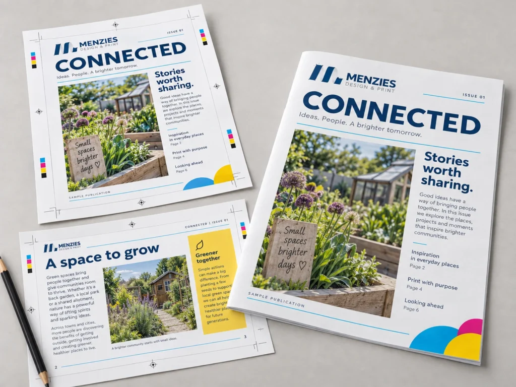 Illustrative newsletter page proofs beside a finished printed issue.