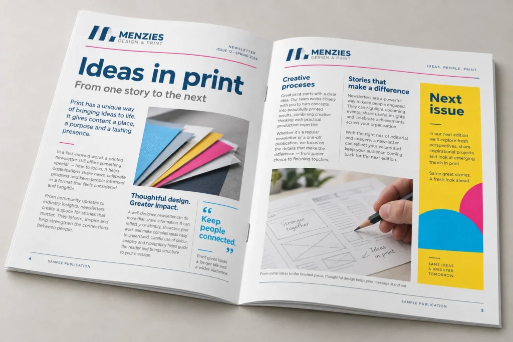 Illustrative multi-page newsletter opened to a double-page editorial spread.
