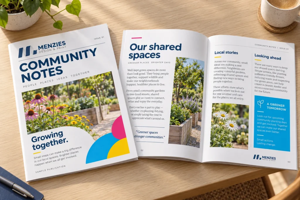 Illustrative community newsletter cover and open spread featuring local garden stories.