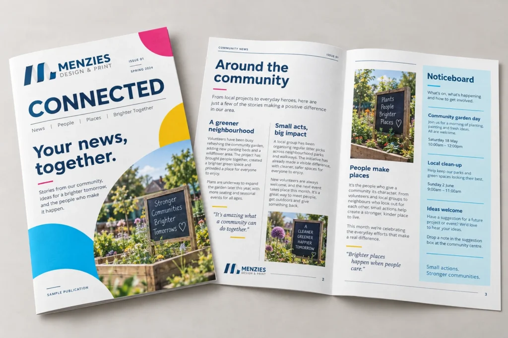 Illustrative folded four-page newsletter with its cover and inside pages visible.