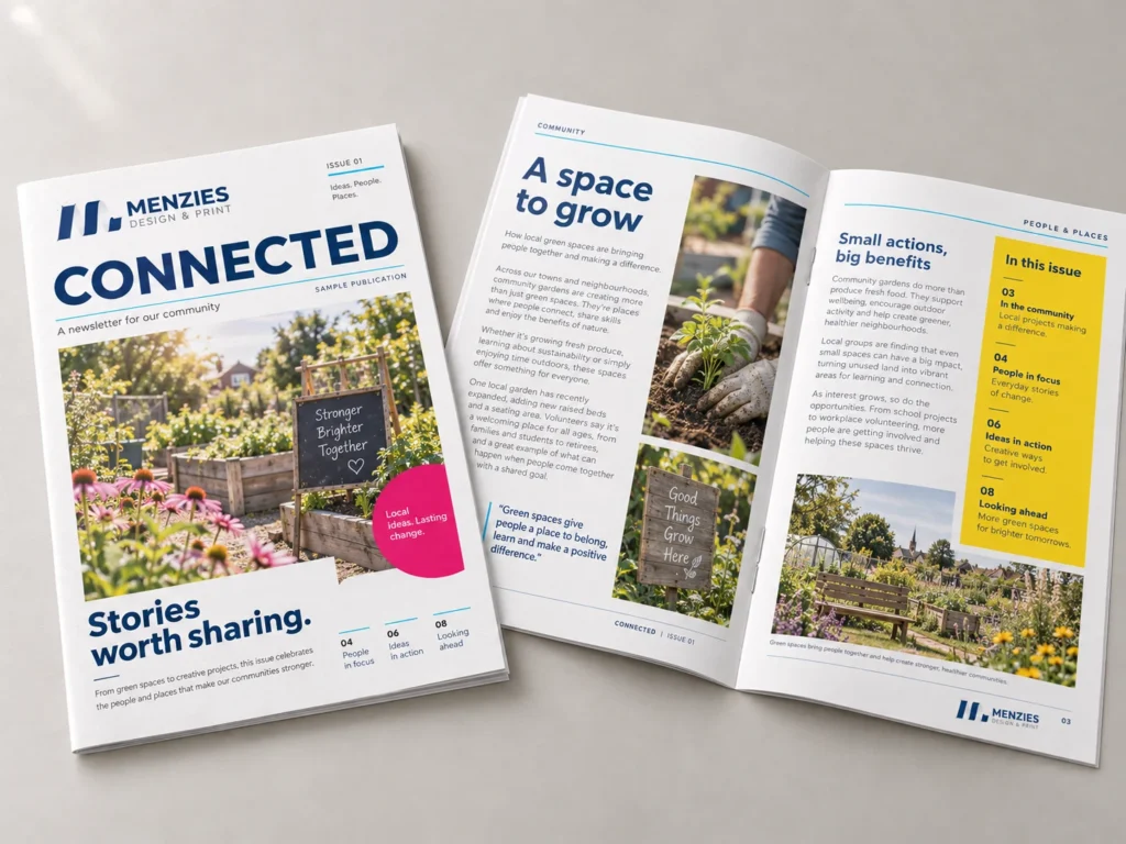 Illustrative Menzies newsletter cover beside an open editorial spread.