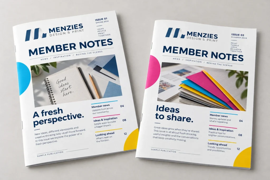 Illustrative two editions of a membership newsletter with consistent cover layouts.