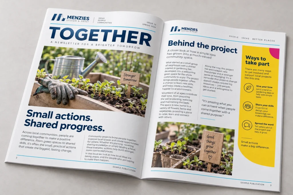 Illustrative supporter newsletter opened to a feature about a shared garden project.