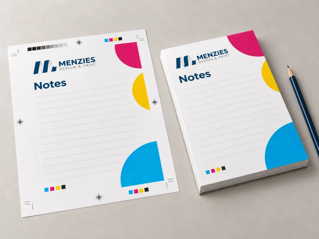 Illustrative notepad artwork proof beside the matching finished printed pad.