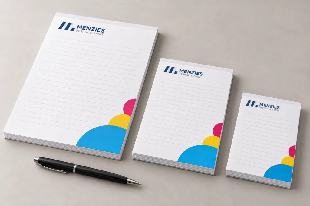 Illustrative coordinated Menzies notepads in three sizes.