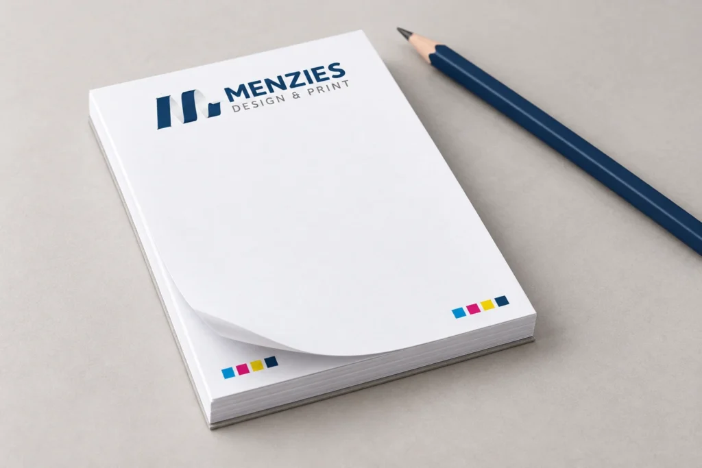Illustrative Menzies notepad with a simple header and blank sheets.