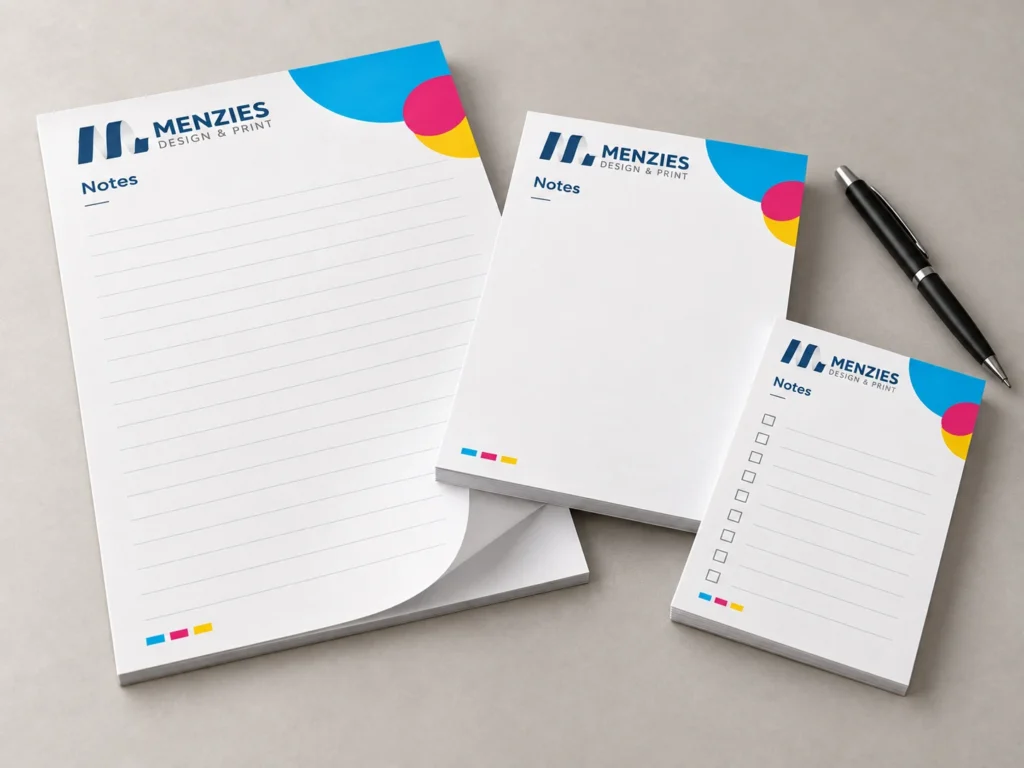 Illustrative Menzies notepads showing branded sheets, paper edges and a pen.