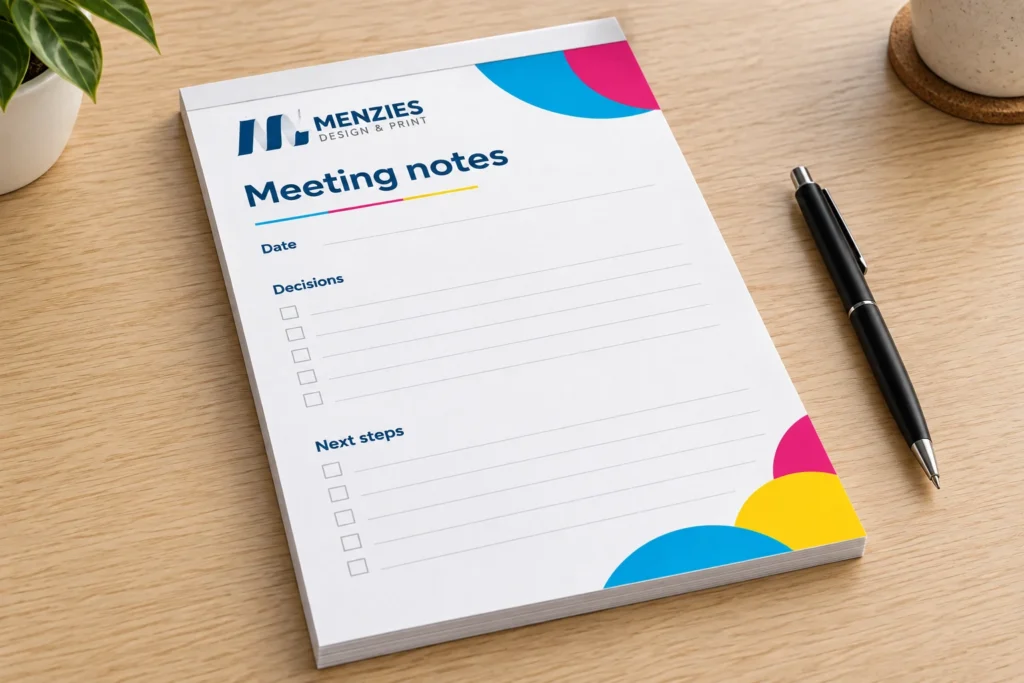Illustrative meeting notepad with printed sections for dates, decisions and next steps.
