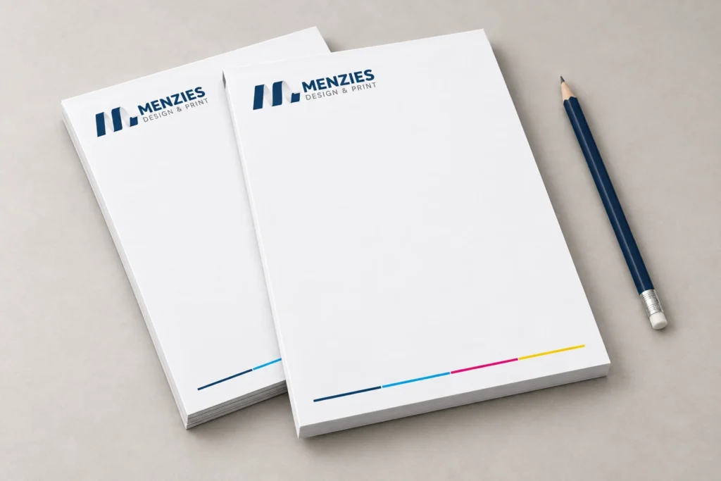 Illustrative branded notepad with a generous blank writing area.