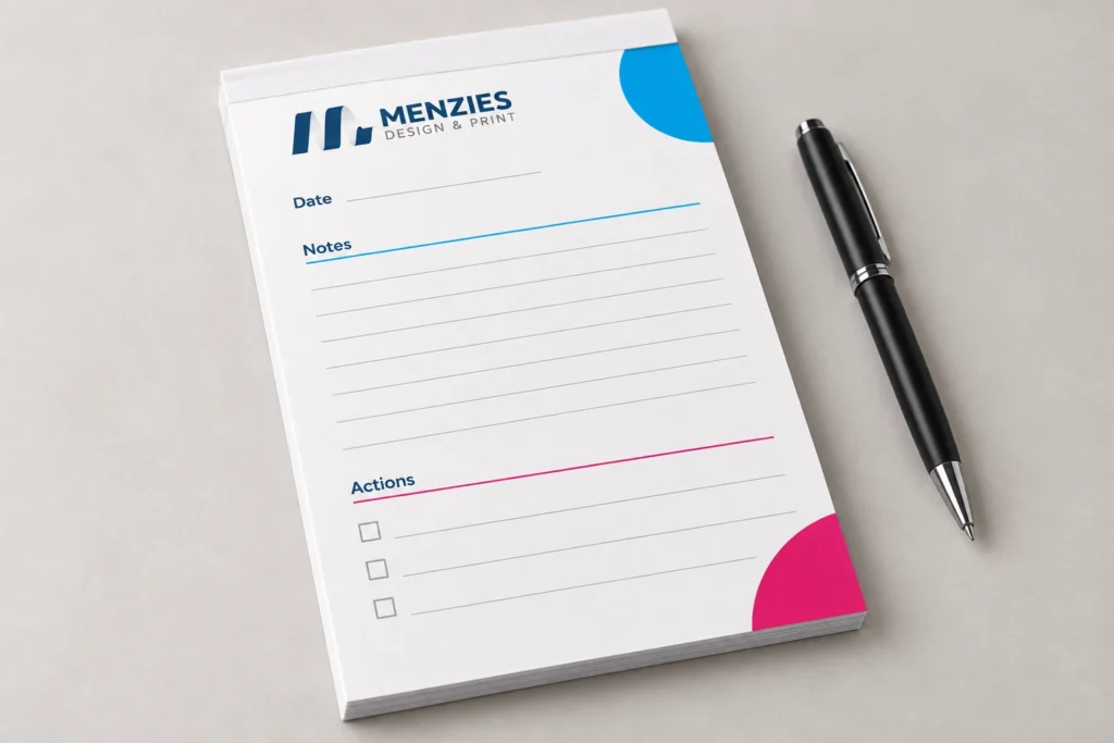 Illustrative Menzies notepad with clear sections for a date, notes and actions.