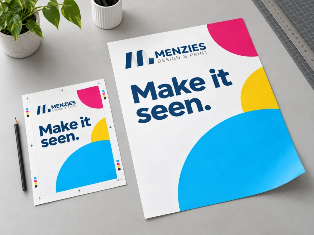 Illustrative poster artwork proof beside a larger matching finished Menzies poster.