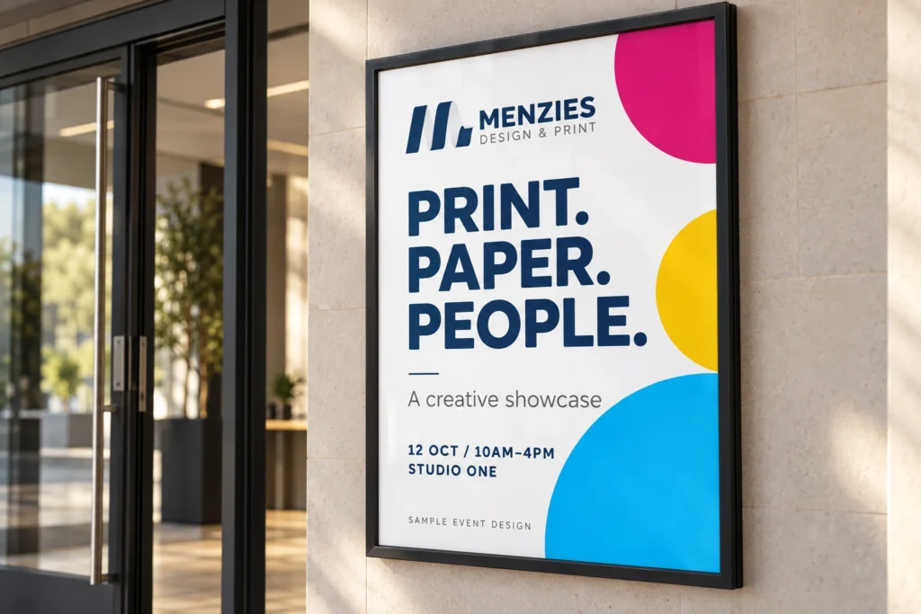 Illustrative sample creative showcase poster displayed at a venue entrance.