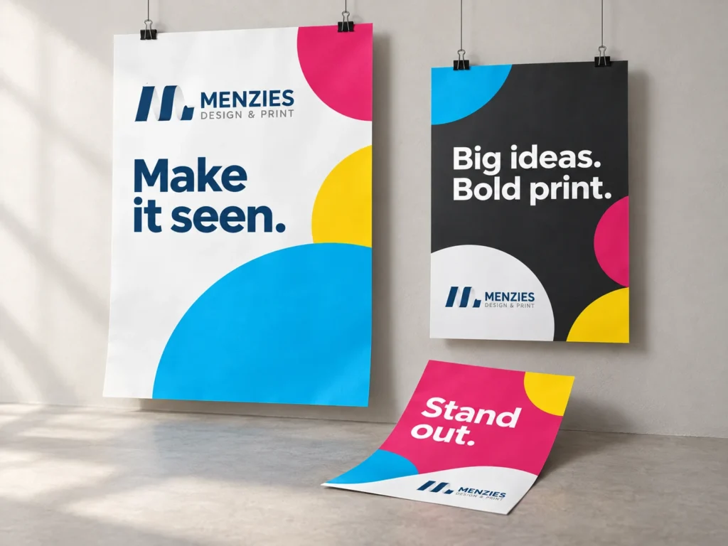 Illustrative Menzies posters in three sizes arranged in a studio.