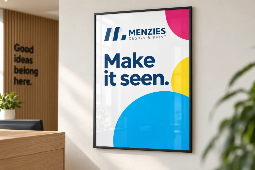 Illustrative Menzies poster in a slim frame in a calm reception area.