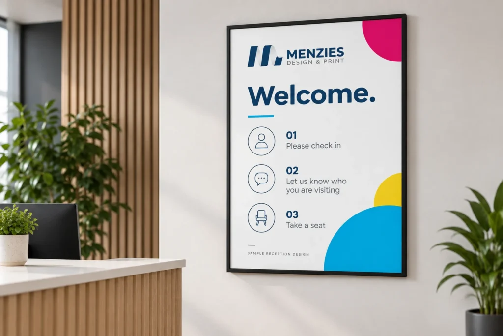 Illustrative Menzies welcome and visitor information poster in a reception.