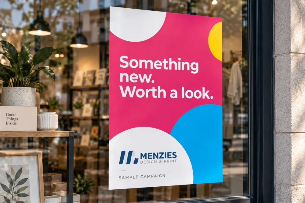 Illustrative magenta Menzies promotional poster displayed in a shop window.