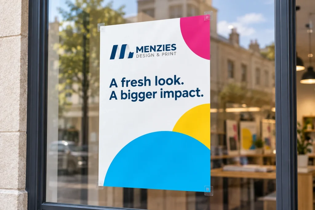 Illustrative Menzies poster fixed inside a shop window with subtle daylight reflections.