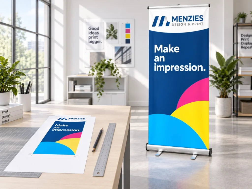 Illustrative roller banner artwork proof beside an assembled display.