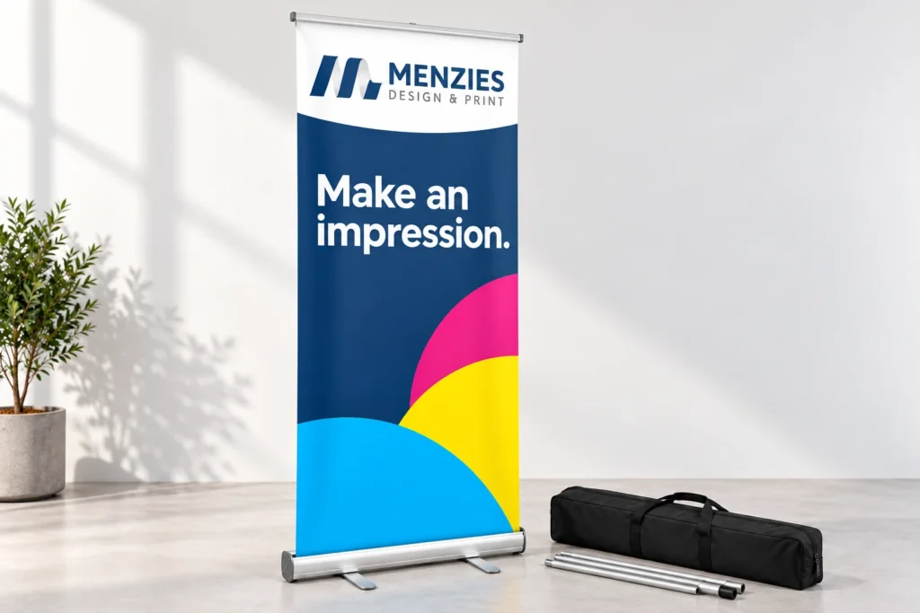 Illustrative complete roller banner with its carry bag and display hardware.