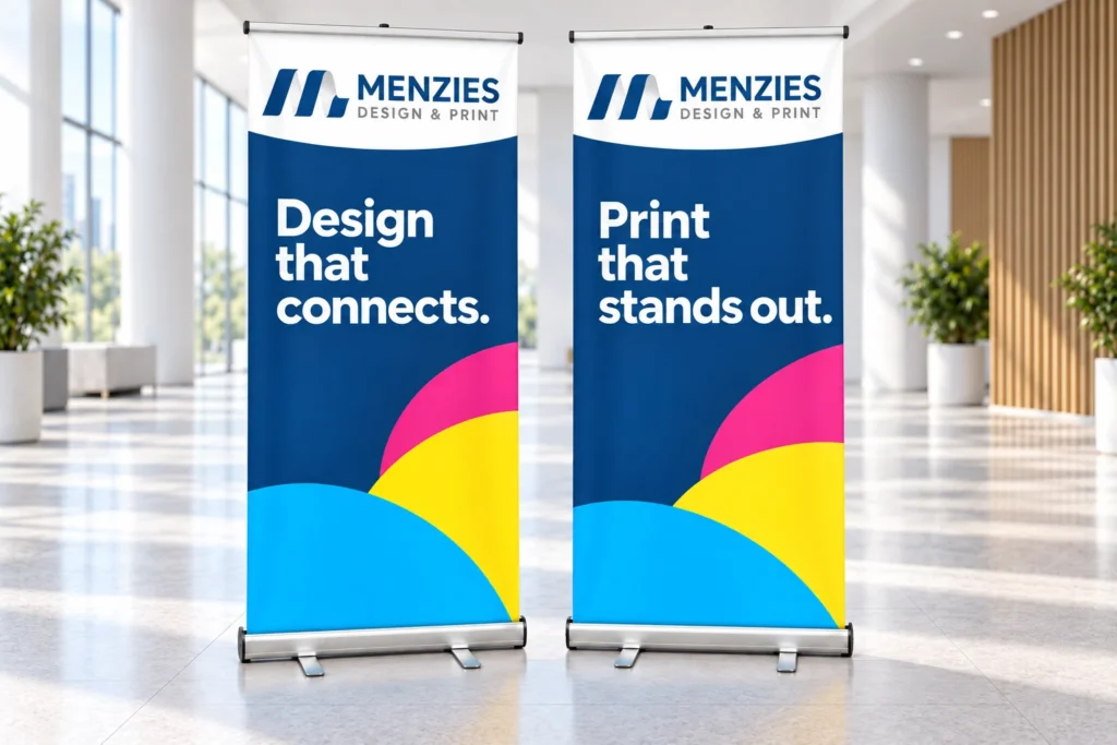 Illustrative pair of matching Menzies roller banners displayed together.