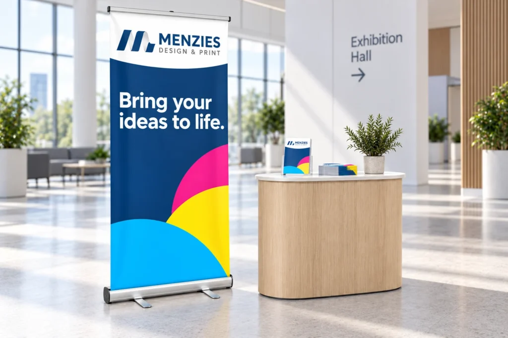 Illustrative Menzies roller banner beside an exhibition display.