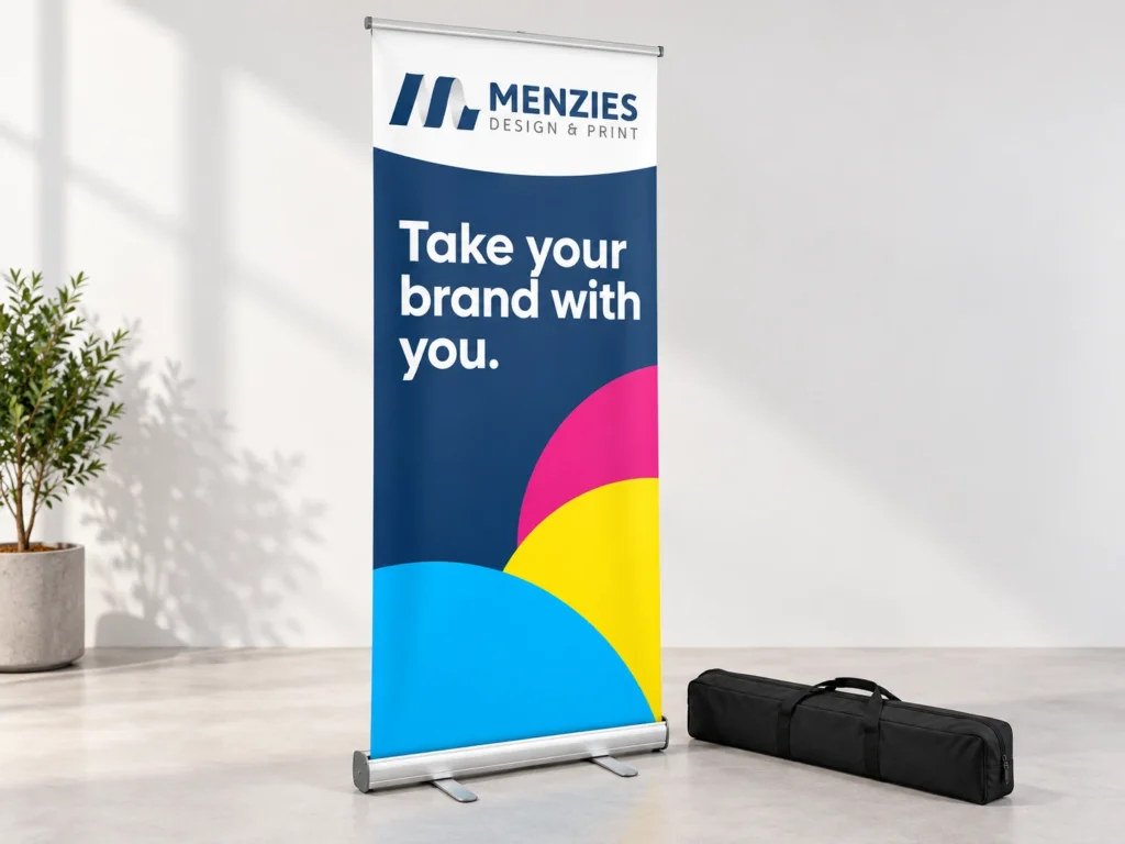 Illustrative assembled Menzies roller banner showing the printed graphic and retractable base.