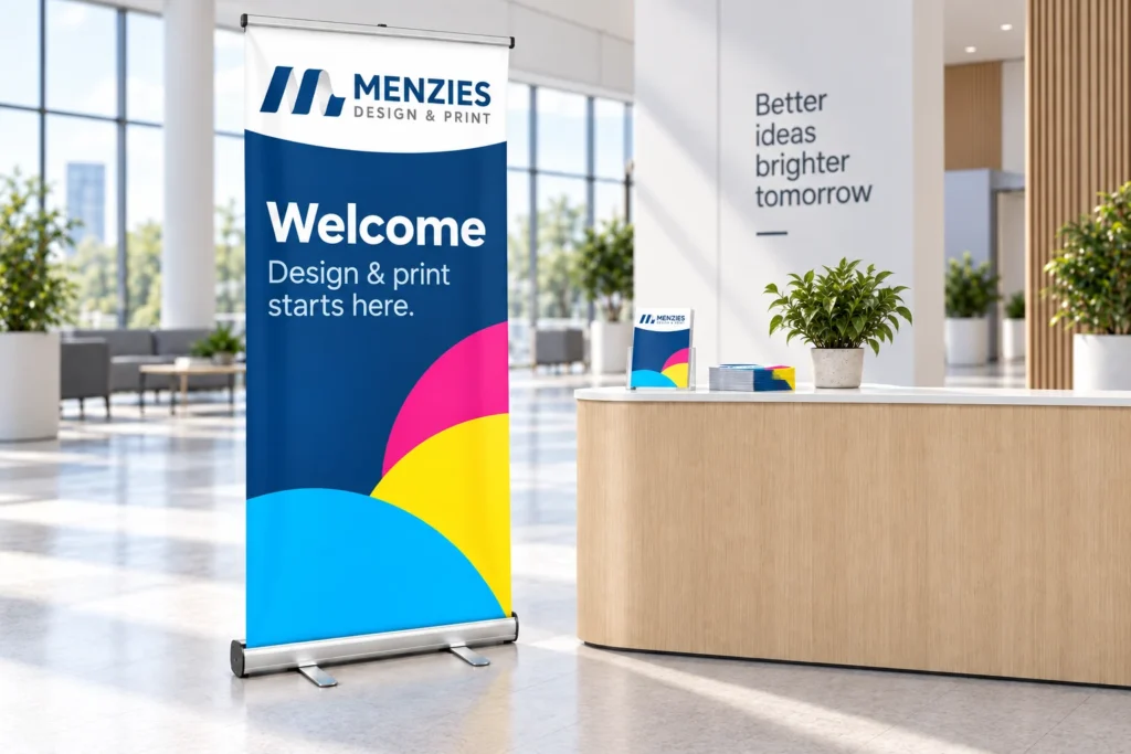 Illustrative Menzies welcome roller banner in a reception area.