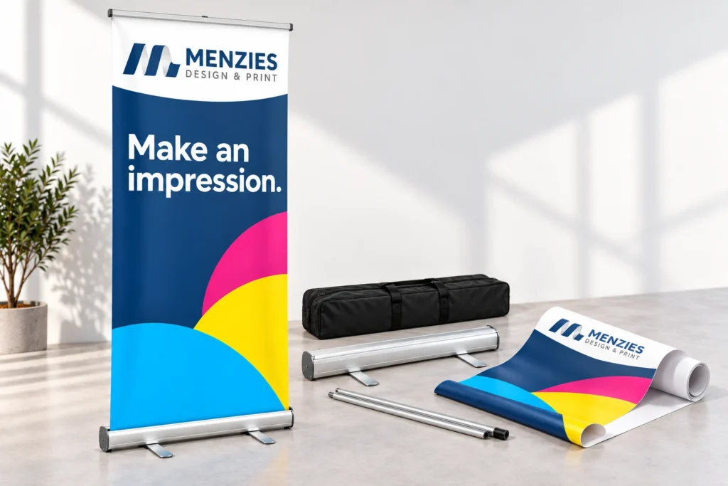 Illustrative roller banner cassette beside a separate replacement graphic.