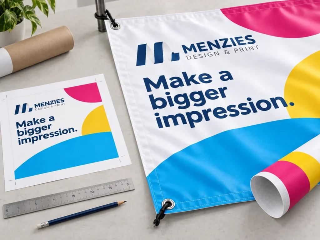 Illustrative banner artwork proof beside finished vinyl showing its hem and eyelets.