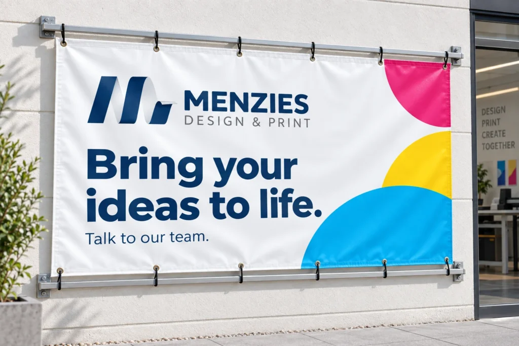 Illustrative promotional vinyl banner displayed at business premises.