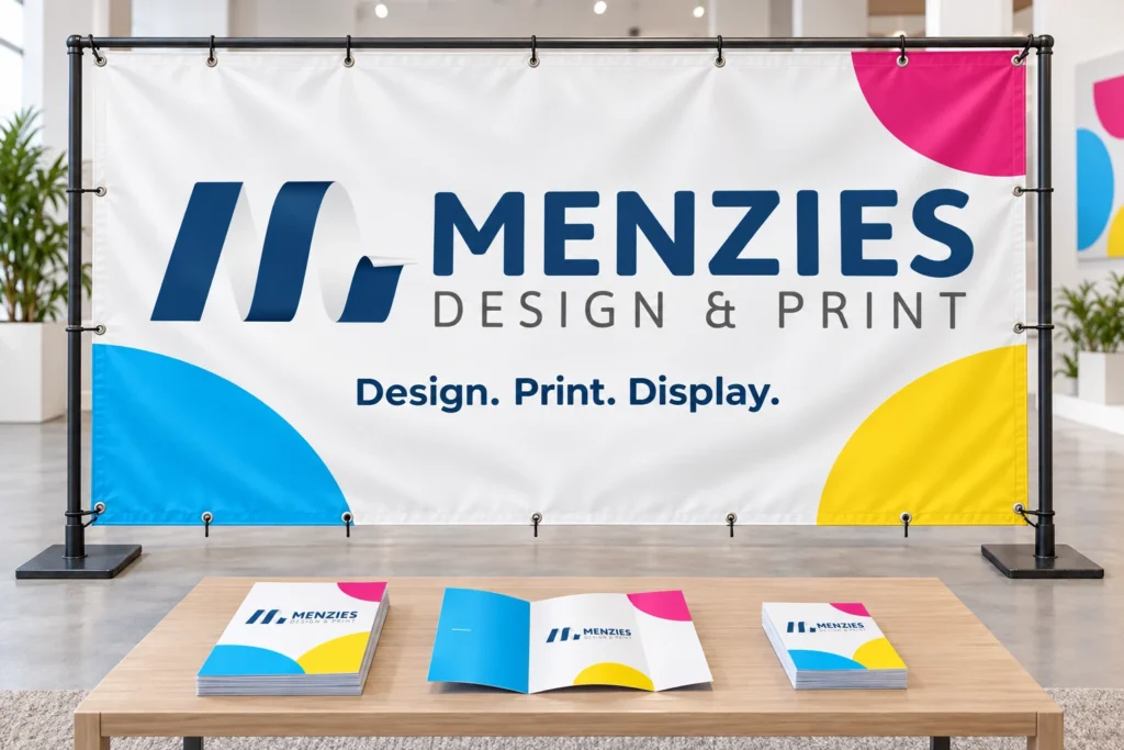 Illustrative branded vinyl banner with matching printed event materials.