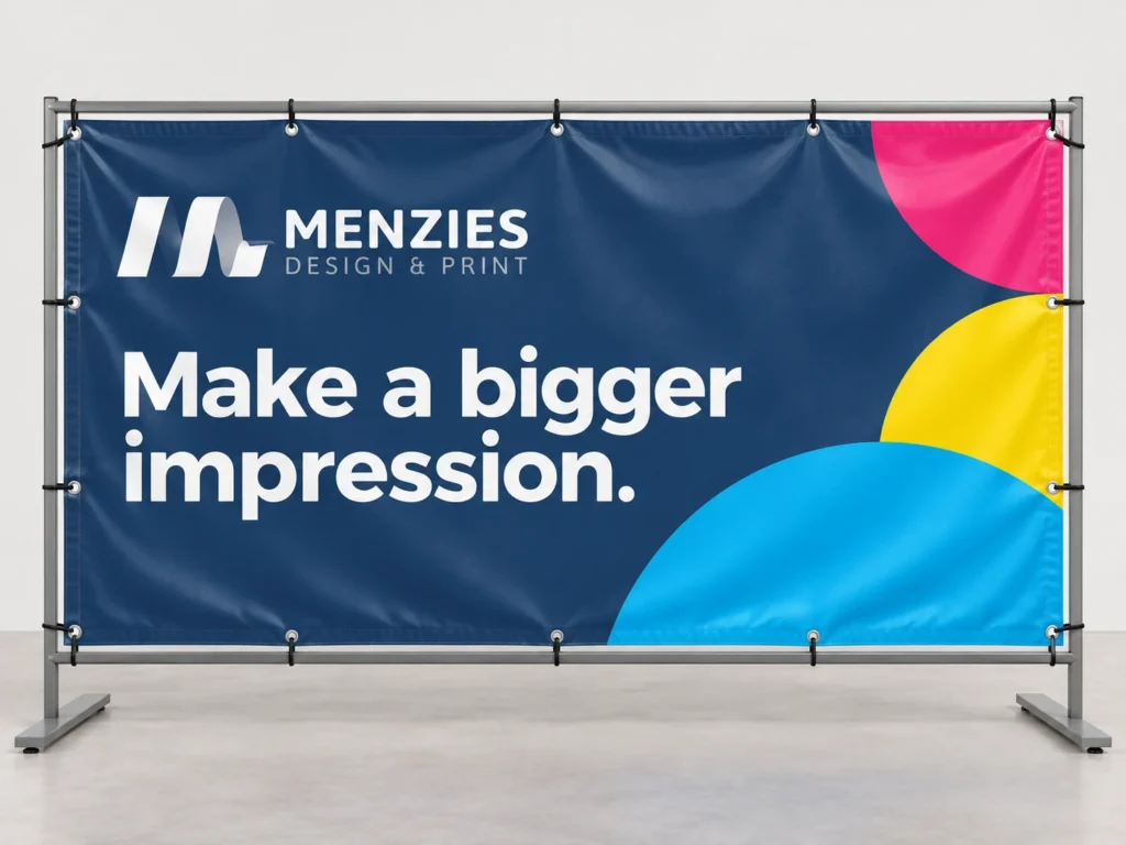 Illustrative Menzies vinyl banner showing its printed face, hemmed edges and eyelet fittings.