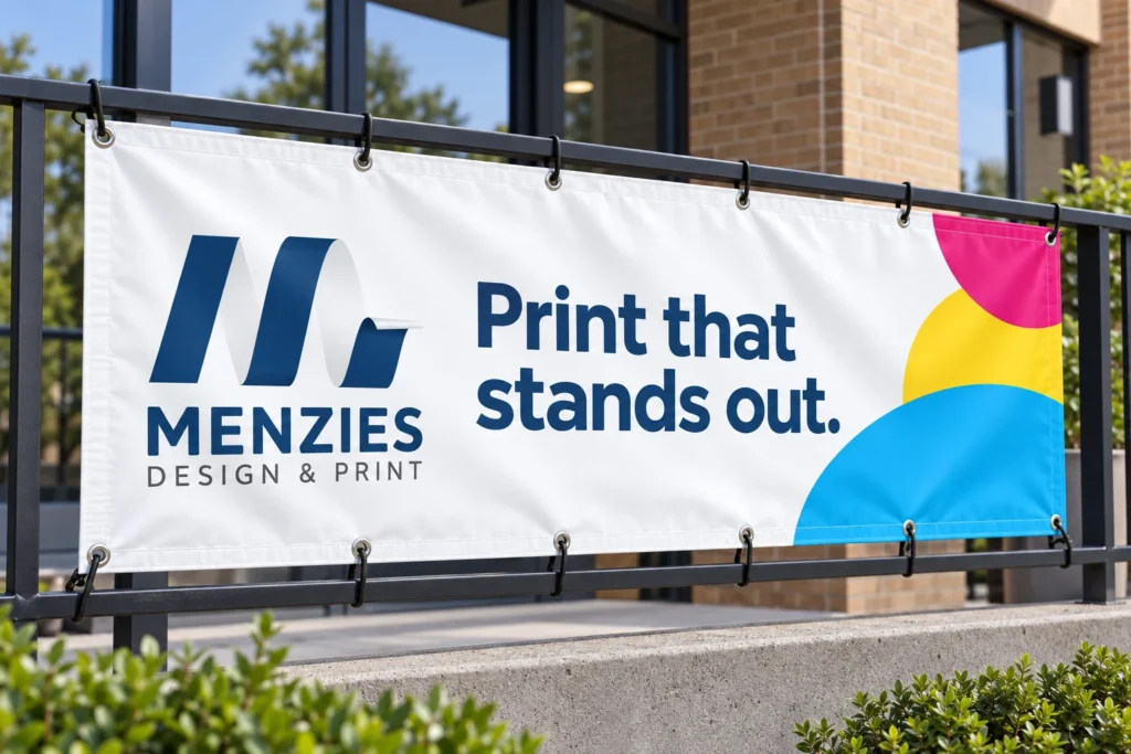 Illustrative outdoor vinyl banner with hemmed edges and eyelet fixings.